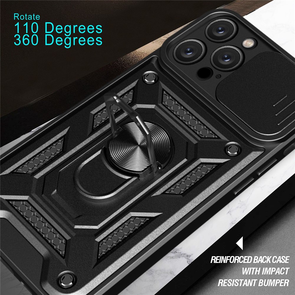 Anti-fingerprint Phone Shell for iPhone 14 Pro 6.1 inch, Kickstand Slide Camera Protection PC + TPU Anti-scratch Phone Cover Case - Black-9
