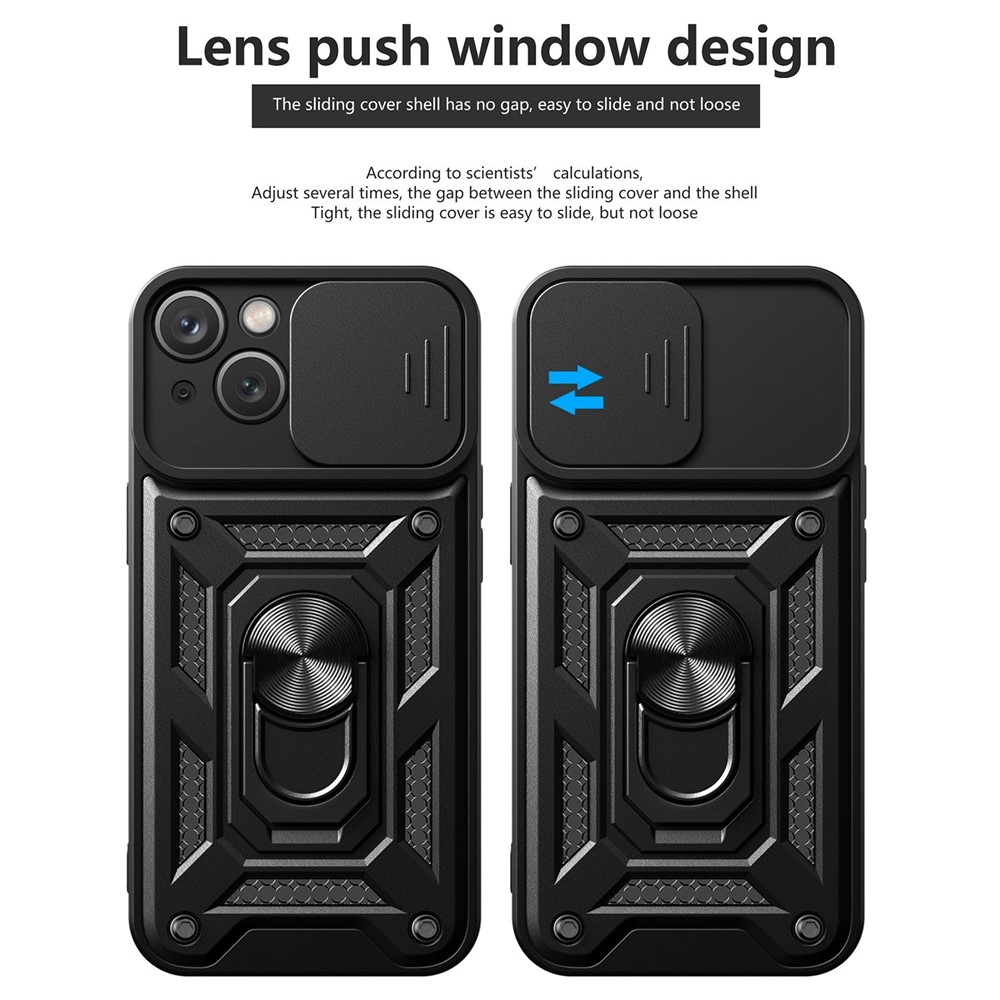 For iPhone 14 6.1 inch Slide Camera Cover Hard PC + TPU Ring Kickstand Phone Shell Case - Black-10
