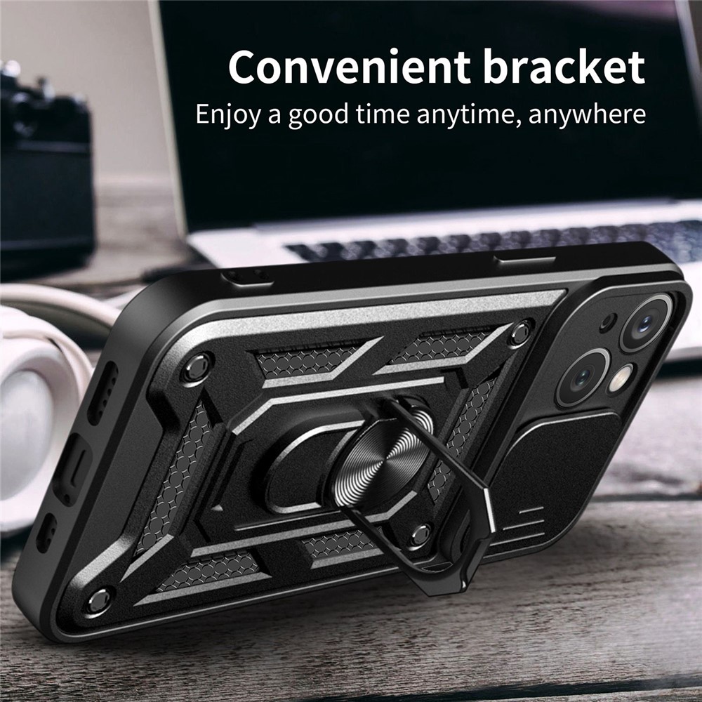 For iPhone 14 6.1 inch Slide Camera Cover Hard PC + TPU Ring Kickstand Phone Shell Case - Black-3