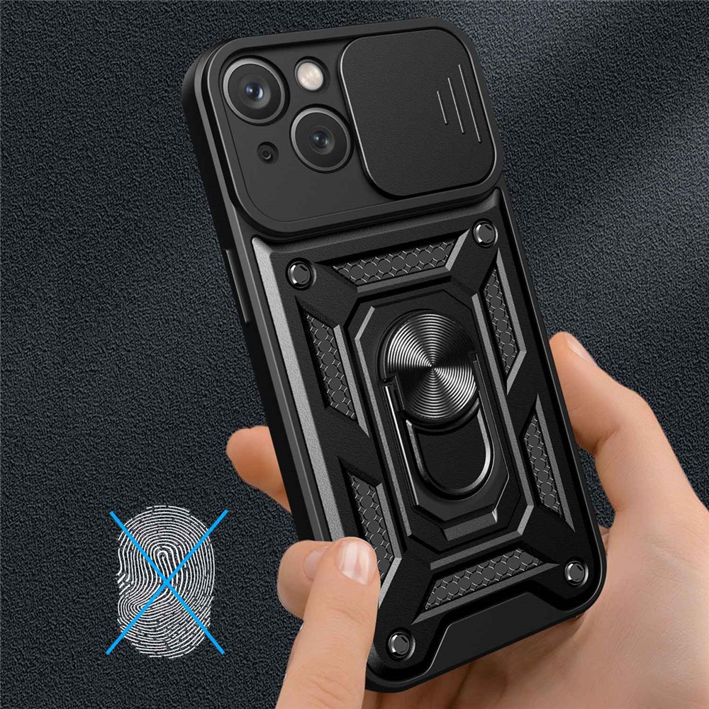 For iPhone 14 6.1 inch Slide Camera Cover Hard PC + TPU Ring Kickstand Phone Shell Case - Black-4