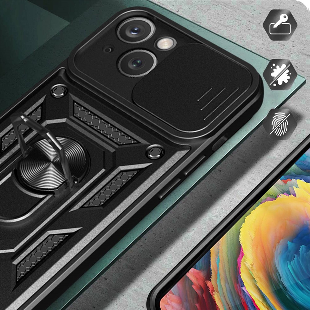 For iPhone 14 6.1 inch Slide Camera Cover Hard PC + TPU Ring Kickstand Phone Shell Case - Black-5