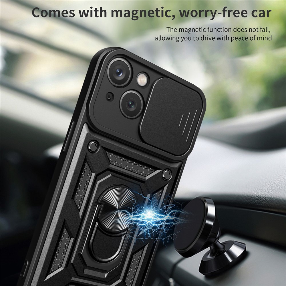 For iPhone 14 6.1 inch Slide Camera Cover Hard PC + TPU Ring Kickstand Phone Shell Case - Black-6