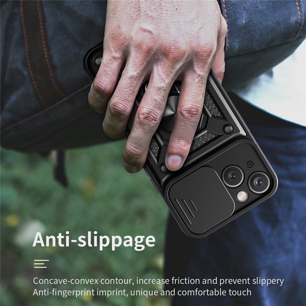 For iPhone 14 6.1 inch Slide Camera Cover Hard PC + TPU Ring Kickstand Phone Shell Case - Black-8