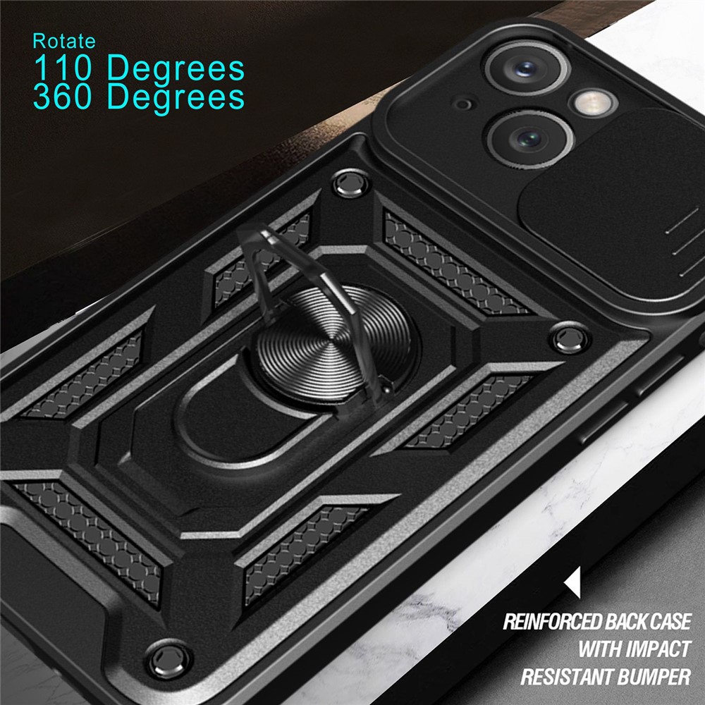 For iPhone 14 6.1 inch Slide Camera Cover Hard PC + TPU Ring Kickstand Phone Shell Case - Black-9
