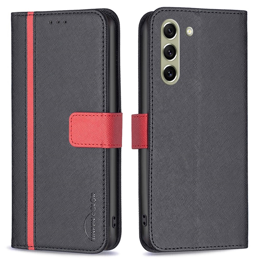 BINFEN COLOR For Samsung Galaxy S21 FE 5G BF Leather Series-9 Style 13 Splicing Design PU Leather Cover Cross Texture Matte Phone Protective Case with Stand Wallet - Black-1