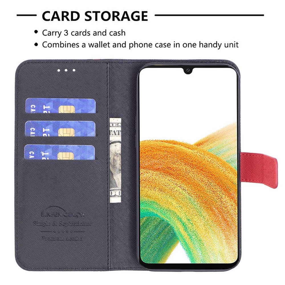 BINFEN COLOR For Samsung Galaxy S21 FE 5G BF Leather Series-9 Style 13 Splicing Design PU Leather Cover Cross Texture Matte Phone Protective Case with Stand Wallet - Black-3