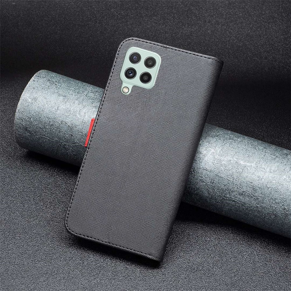 BINFEN COLOR For Samsung Galaxy A22 4G (EU Version) BF Leather Series-9 Style 13 Matte PU Leather Phone Case Cross Texture Splicing Folio Flip Stand Wallet Cover - Black-4