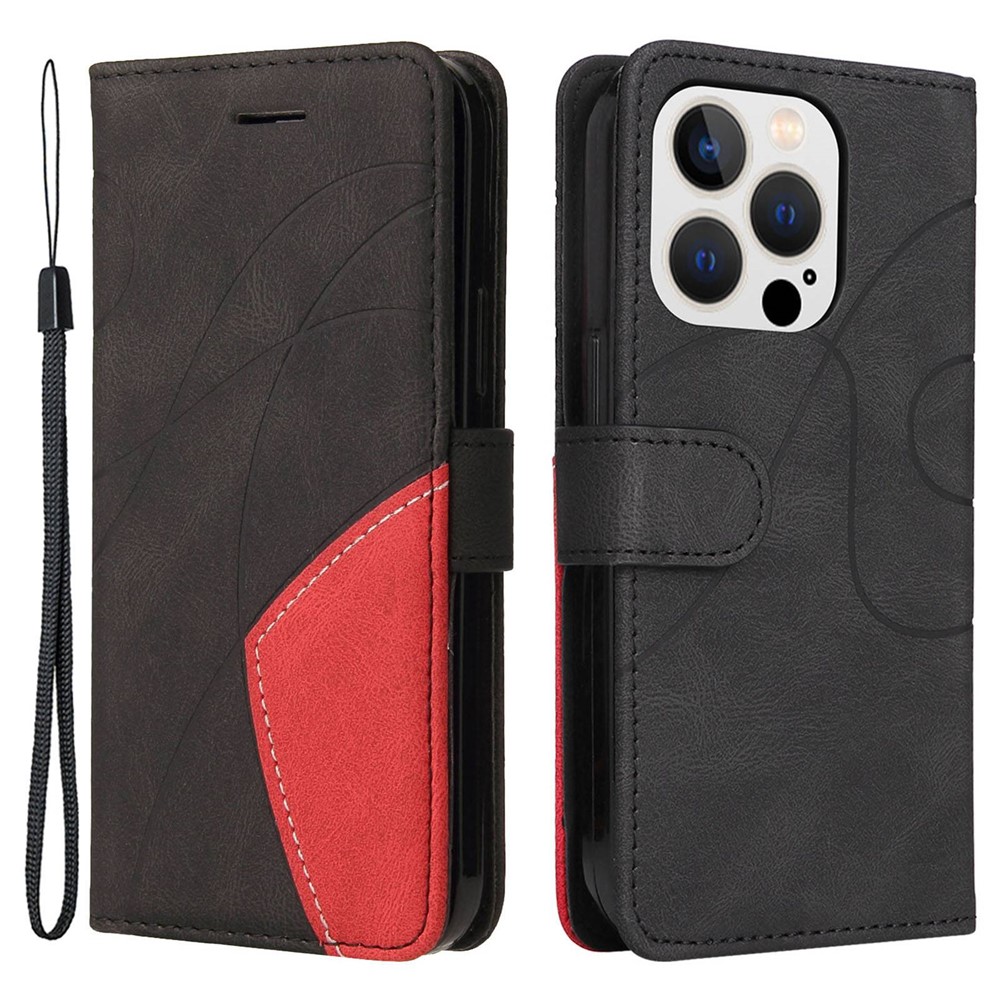 KT Leather Series-1 for iPhone 14 Pro 6.1 inch Wallet Stand Shockproof Phone Case Dual-color Splicing PU Leather TPU Cover - Black-1