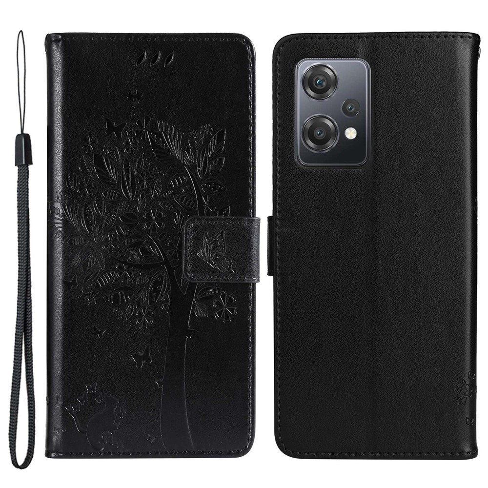 For OnePlus Nord CE 2 Lite 5G KT Imprinting Flower Series-3 PU Leather Mobile Phone Case Imprinted Cat Tree Pattern Stand Anti-scratch Phone Cover Wallet - Black-1