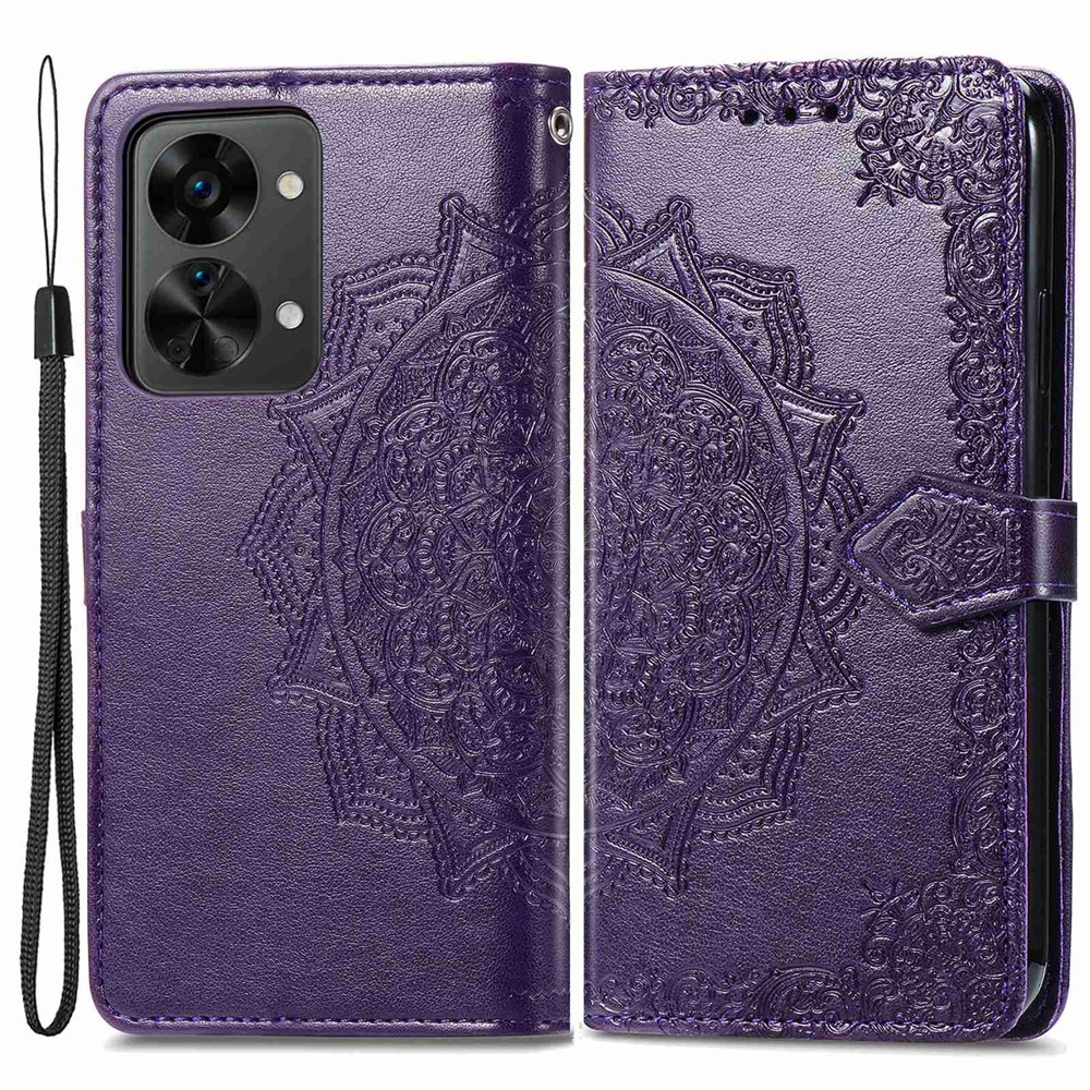 For OnePlus Nord 2T 5G Mandala Pattern Embossed Leather Case Stand Wallet Shockproof Protective Phone Shell with Strap - Purple-1