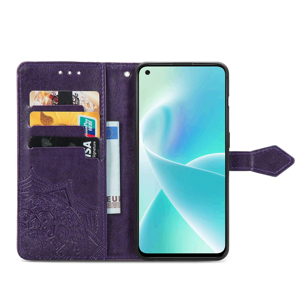 For OnePlus Nord 2T 5G Mandala Pattern Embossed Leather Case Stand Wallet Shockproof Protective Phone Shell with Strap - Purple-2