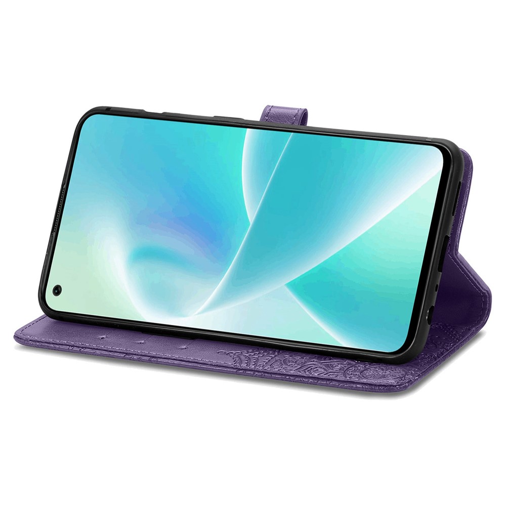 For OnePlus Nord 2T 5G Mandala Pattern Embossed Leather Case Stand Wallet Shockproof Protective Phone Shell with Strap - Purple-3
