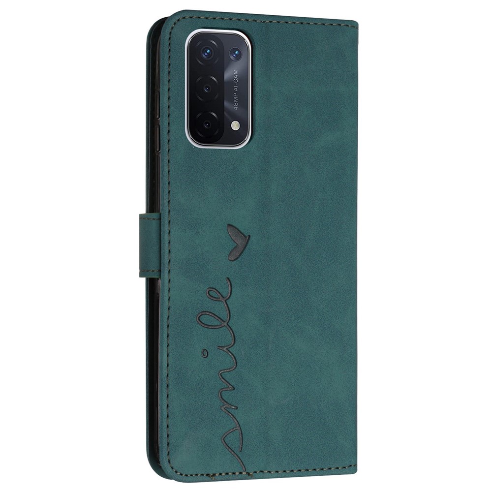 For Oppo A74 5G/A93 5G/A54 5G Imprinted Heart Shape Wallet Case Skin-touch Feeling Leather Stand Feature Flip Cover with Strap - Green-11