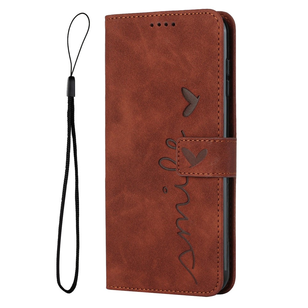 For Oppo A94 4G/5G/F19 Pro/F19 Pro+ 5G/A95 5G/Reno5 Z/Reno6 Z/Reno5 F/Reno5 Lite Heart Shape Imprinted Wallet Case Skin-touch Feeling Leather Stand Cover - Brown-10