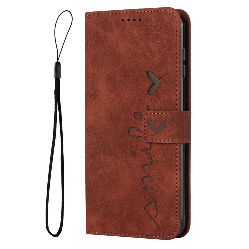 Pour Oppo A94 4g / 5g / F19 Pro / F19 Pro + 5g / A95 5g / Reno5 z / Reno6 z / Reno5 f / Reno5 Lite Heart Shape Imprituted Wallet Case Touch Feeling Feeling Stand Cover en Cuir - Brun