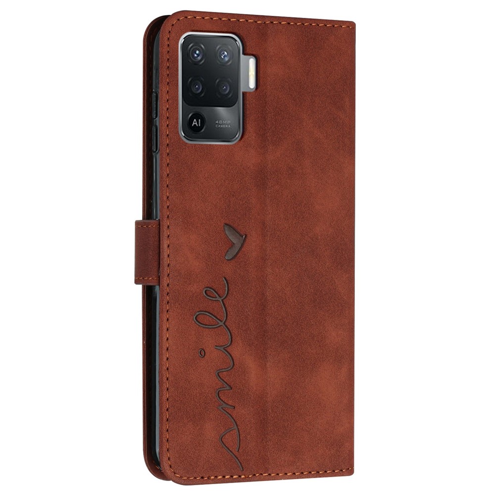 For Oppo A94 4G/5G/F19 Pro/F19 Pro+ 5G/A95 5G/Reno5 Z/Reno6 Z/Reno5 F/Reno5 Lite Heart Shape Imprinted Wallet Case Skin-touch Feeling Leather Stand Cover - Brown-11