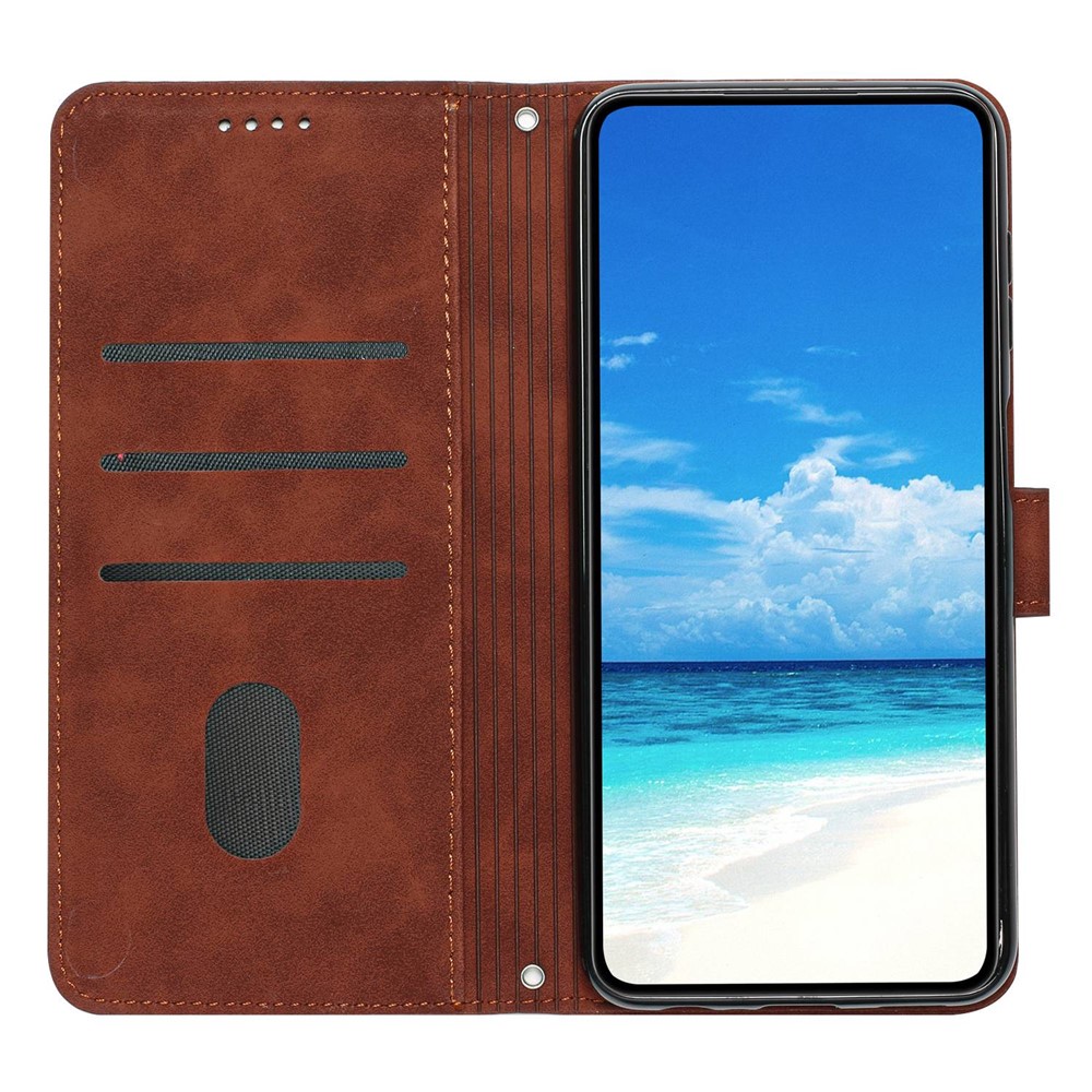 For Oppo A94 4G/5G/F19 Pro/F19 Pro+ 5G/A95 5G/Reno5 Z/Reno6 Z/Reno5 F/Reno5 Lite Heart Shape Imprinted Wallet Case Skin-touch Feeling Leather Stand Cover - Brown-2