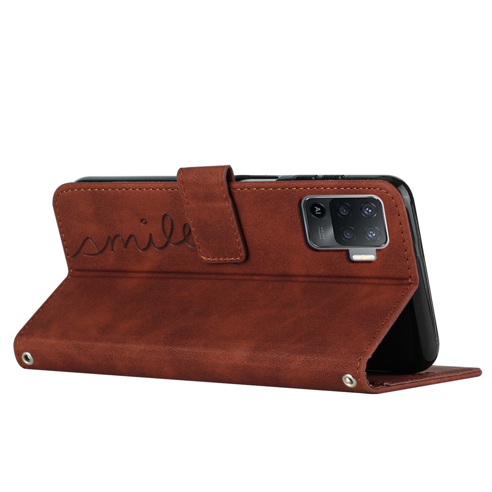 For Oppo A94 4G/5G/F19 Pro/F19 Pro+ 5G/A95 5G/Reno5 Z/Reno6 Z/Reno5 F/Reno5 Lite Heart Shape Imprinted Wallet Case Skin-touch Feeling Leather Stand Cover - Brown-3