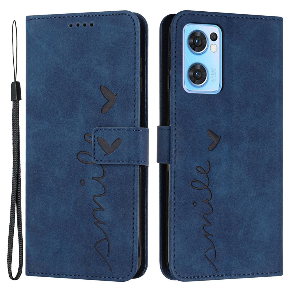 For Oppo Reno7 5G (Global)/Find X5 Lite Imprinted Heart Shape PU Leather Case Skin-touch Feeling Wallet Stand Flip Cover with Strap - Sapphire-1