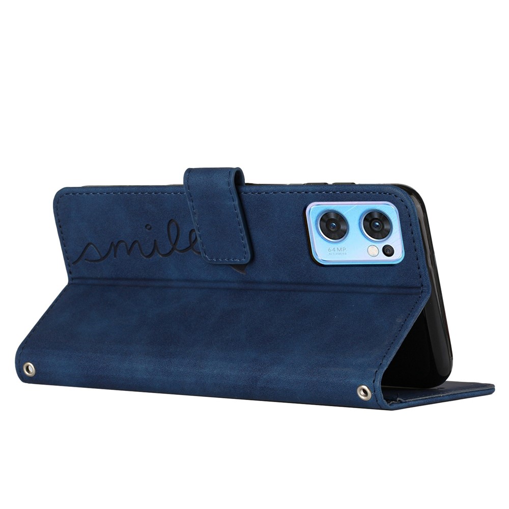 For Oppo Reno7 5G (Global)/Find X5 Lite Imprinted Heart Shape PU Leather Case Skin-touch Feeling Wallet Stand Flip Cover with Strap - Sapphire-3