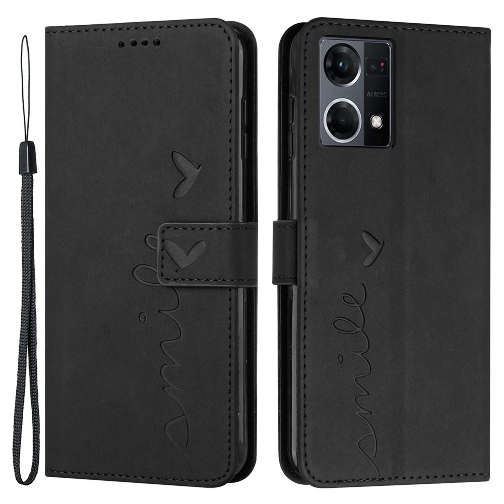 For Oppo Reno7 4G/F21 Pro 4G Skin-touch Feeling Wallet Case Imprinted Heart Shape PU Leather Magnetic Closure Stand Cover with Strap - Black-1