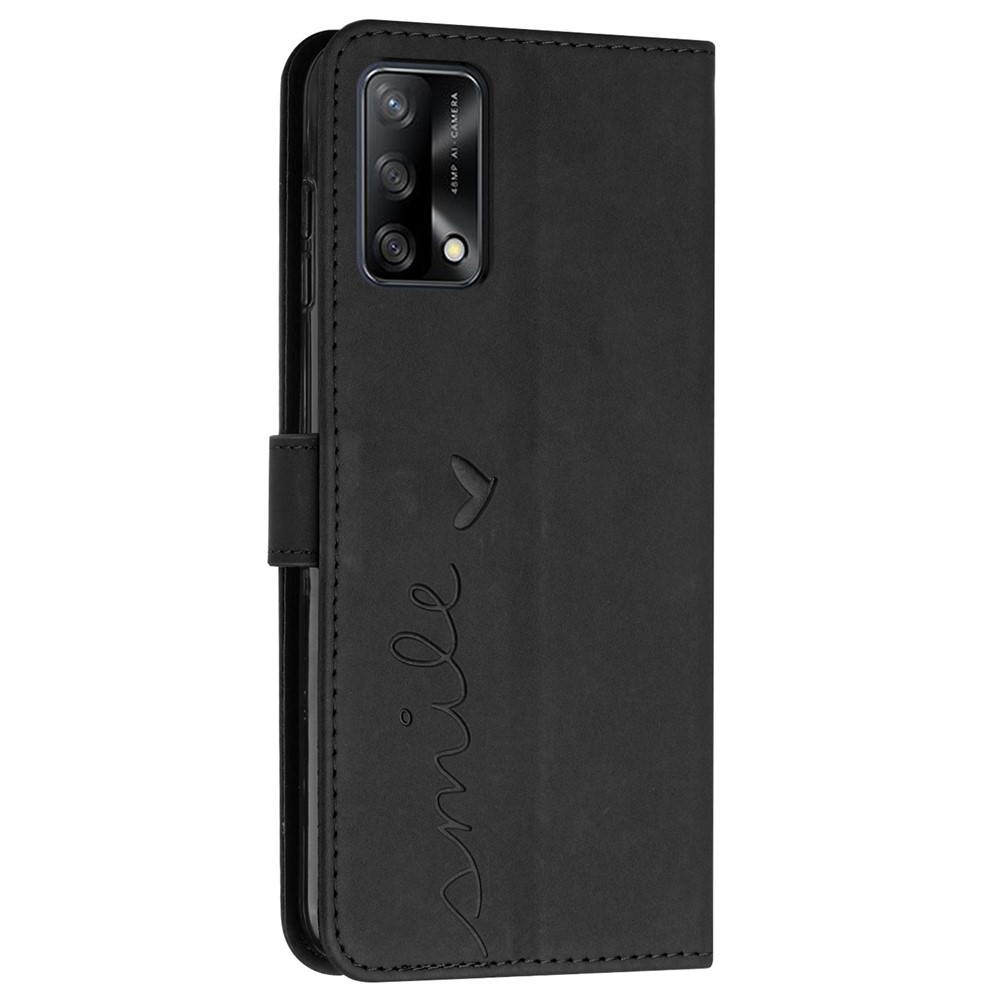 For Oppo A74 4G/F19/F19s/A95 4G PU Leather Imprinted Heart Shape Stand Case Skin-touch Feeling Wallet Magnetic Flip Cover with Strap - Black-11