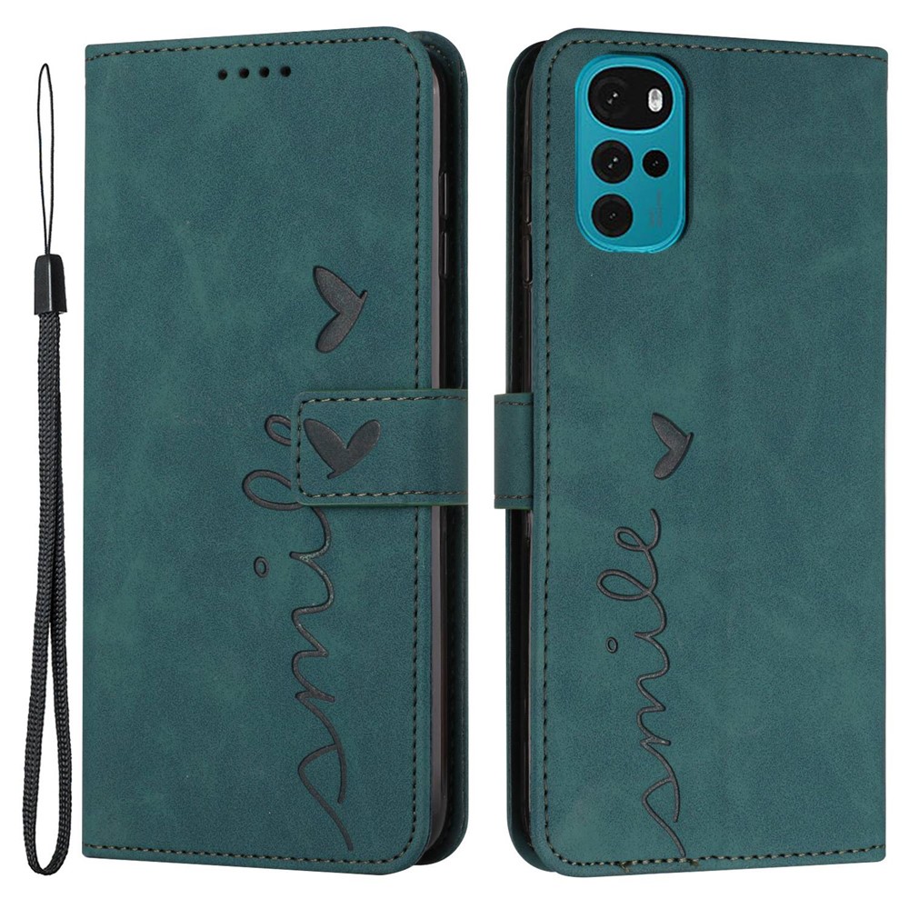 For Motorola Moto G22 Imprinted Heart Shape PU Leather Wallet Case Skin-touch Feeling Stand Shockproof Flip Cover with Strap - Green-1