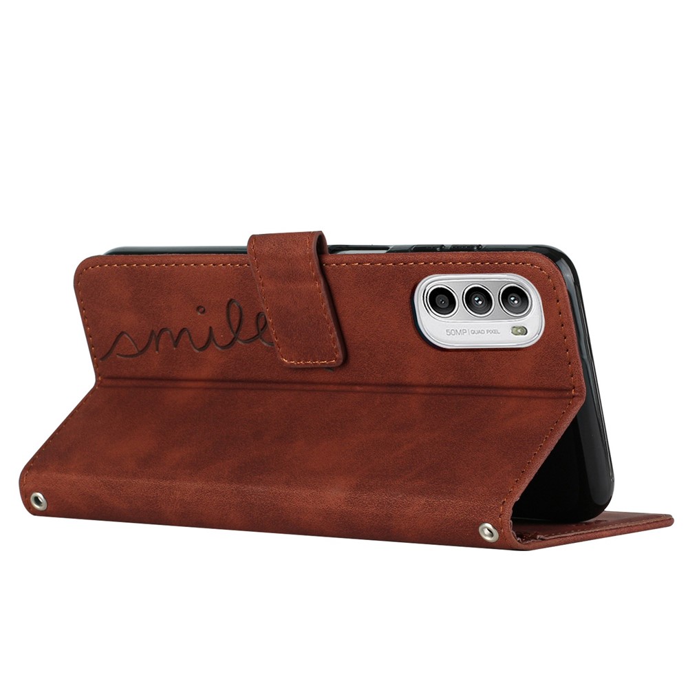 For Motorola Moto G52 4G Imprinted Heart Shape PU Leather Wallet Flip Cover Stand Magnetic Protect Skin-touch Feeling Shell Cover with Strap - Brown-3