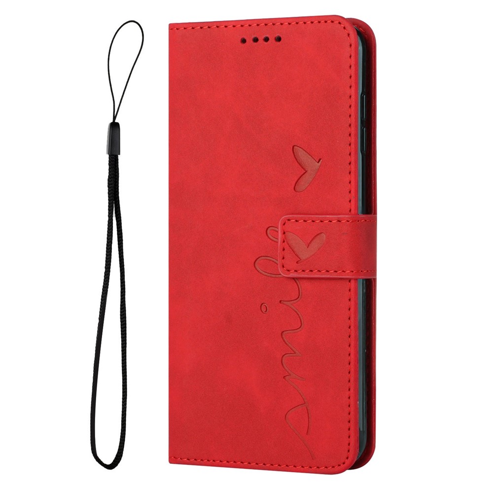 For Motorola Moto G (2022) 5G Heart Shape Imprinted Wallet Phone Case Flip Stand PU Leather Skin-touch Feeling Drop Protection Shockproof Cover with Strap - Red-10