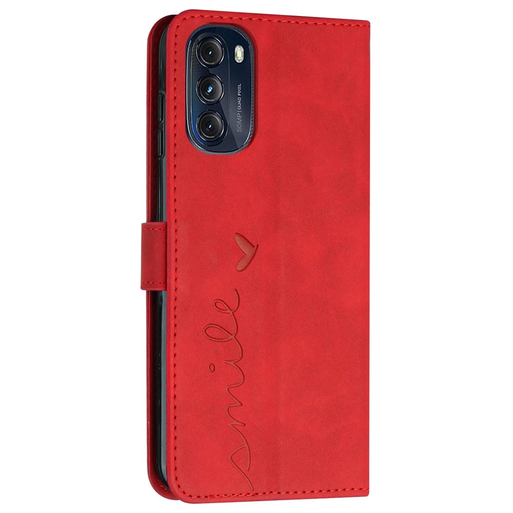For Motorola Moto G (2022) 5G Heart Shape Imprinted Wallet Phone Case Flip Stand PU Leather Skin-touch Feeling Drop Protection Shockproof Cover with Strap - Red-11