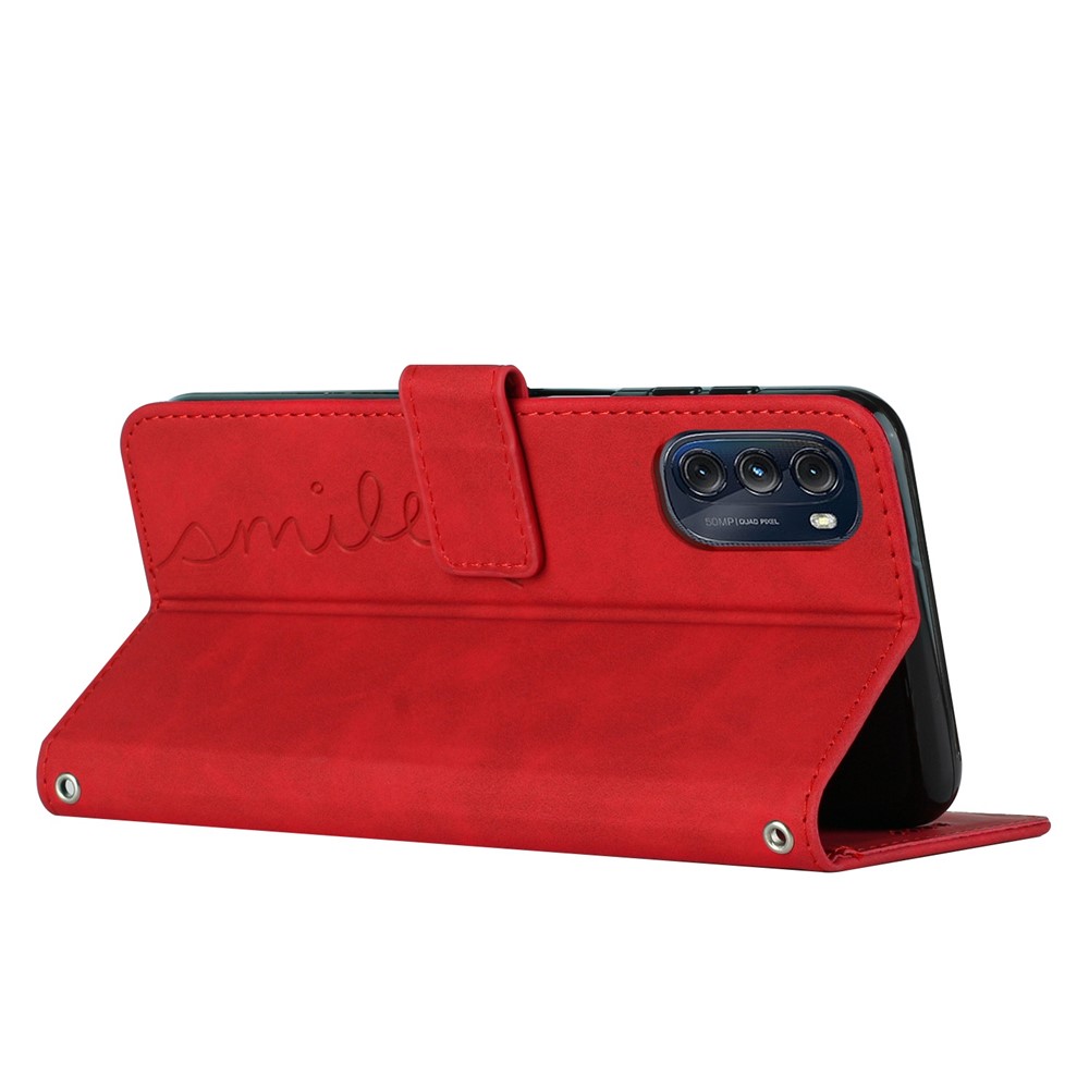 For Motorola Moto G (2022) 5G Heart Shape Imprinted Wallet Phone Case Flip Stand PU Leather Skin-touch Feeling Drop Protection Shockproof Cover with Strap - Red-3