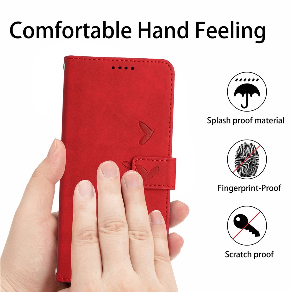 For Motorola Moto G Power (2022) Anti-drop Heart Shape Imprinted Phone Case PU Leather Skin-touch Feeling Wallet Style Shell with Stand - Red-7