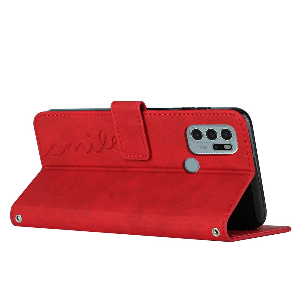 For Motorola Moto G60S Imprinting Heart Shape Phone Wallet Case PU Leather Skin-touch Magnetic Clasp Stand Cover - Red-3