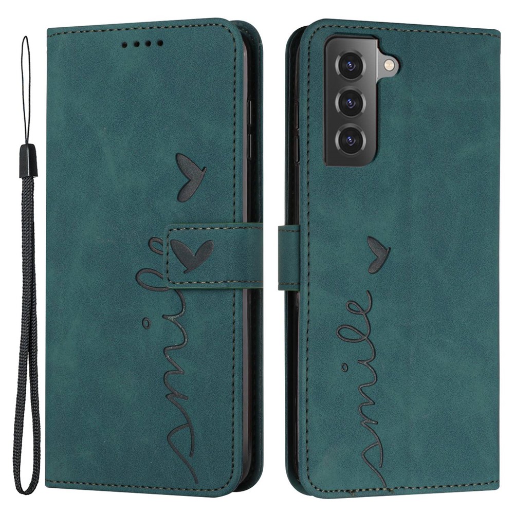 For Samsung Galaxy S21 4G/5G Skin-touch Feeling Heart Shape Imprinted Leather Case Wallet Stand Phone Cover - Green-1