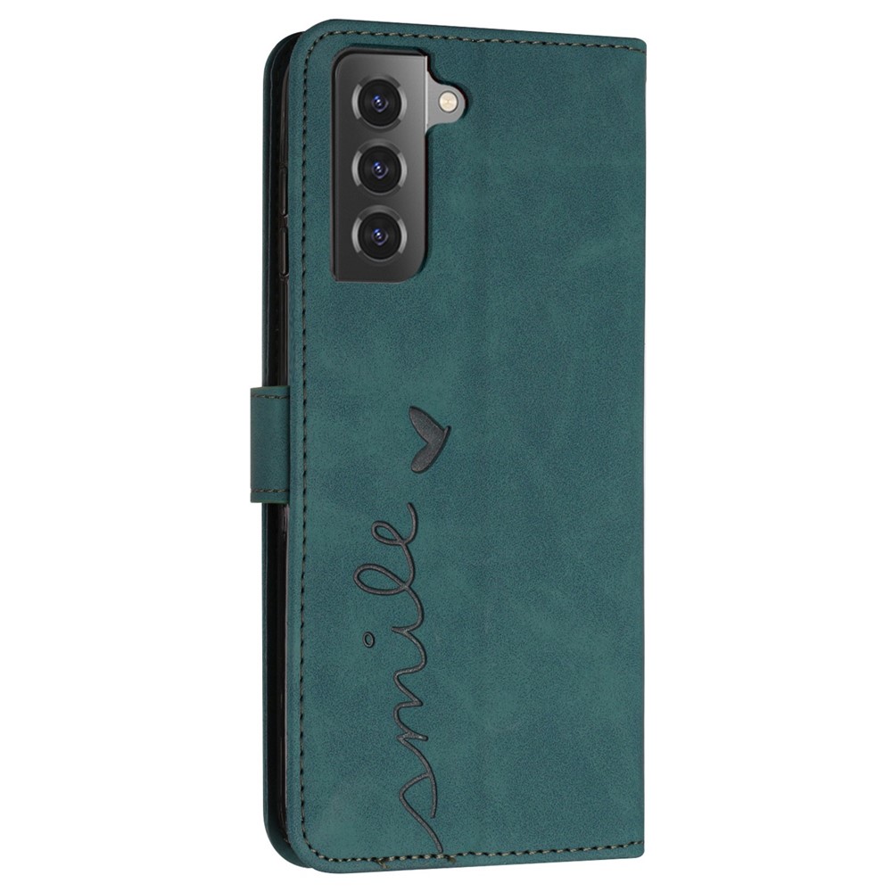 For Samsung Galaxy S21 4G/5G Skin-touch Feeling Heart Shape Imprinted Leather Case Wallet Stand Phone Cover - Green-11