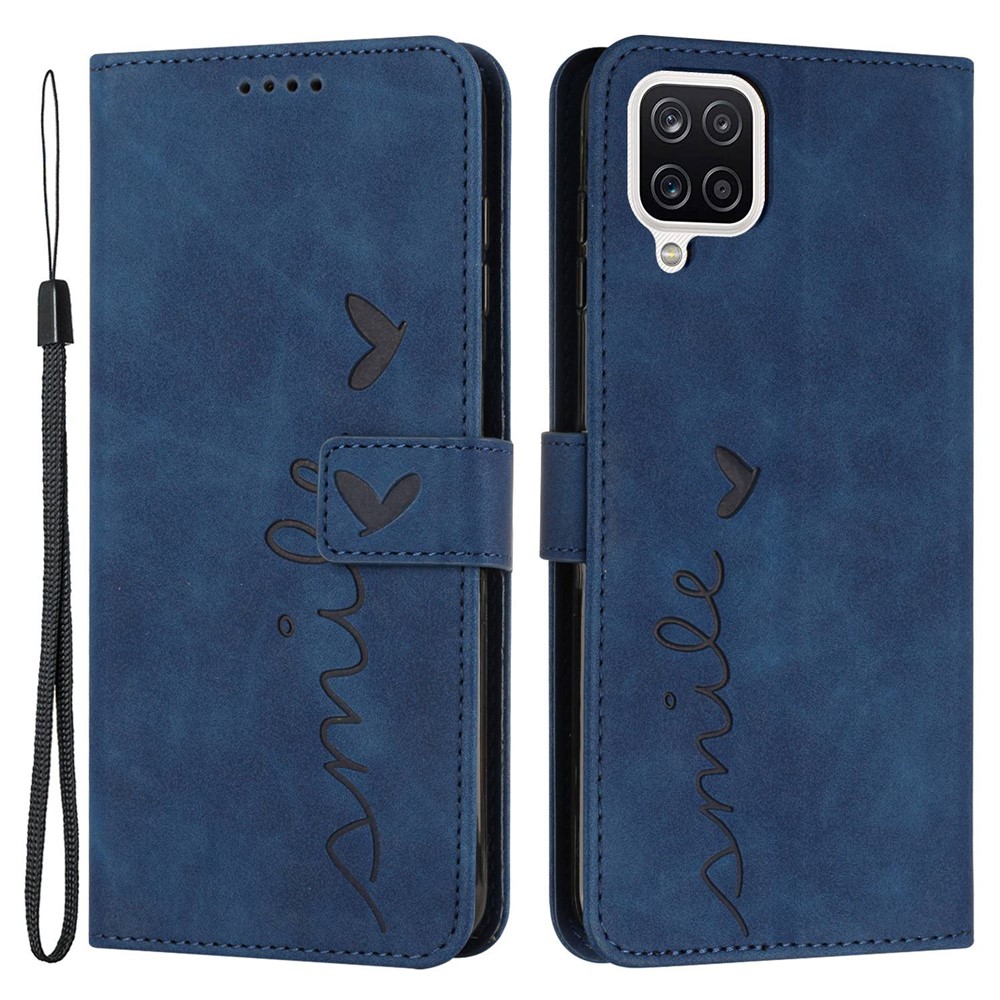 For Samsung Galaxy A22 4G (EU Version)/M22/F22/M32 (India Version)/M32 (Global Version) 4G Skin-touch Feeling Heart Shape Imprinted Phone Case PU Leather Wallet Stand Shell with Strap - Sapphire-1