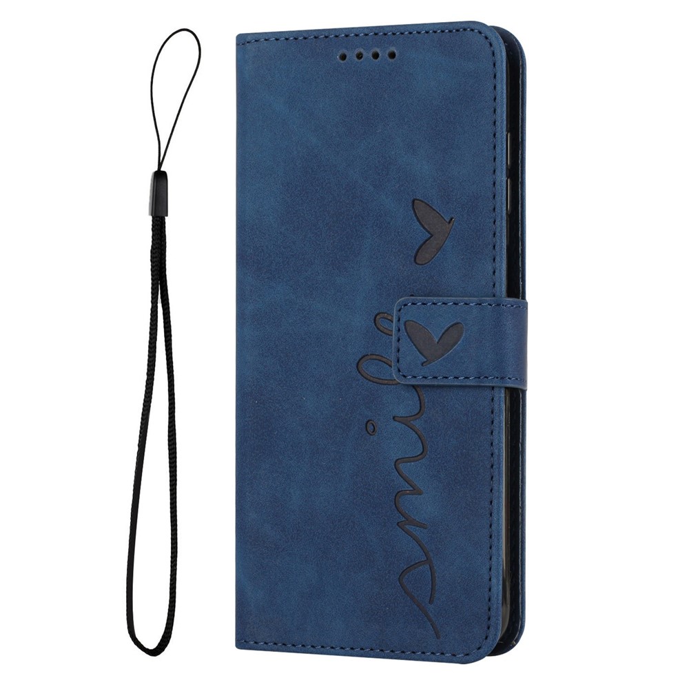 For Samsung Galaxy A22 4G (EU Version)/M22/F22/M32 (India Version)/M32 (Global Version) 4G Skin-touch Feeling Heart Shape Imprinted Phone Case PU Leather Wallet Stand Shell with Strap - Sapphire-10