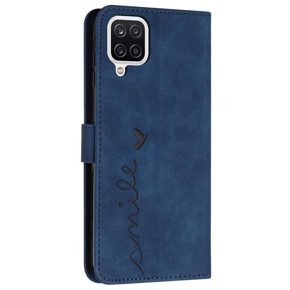 For Samsung Galaxy A22 4G (EU Version)/M22/F22/M32 (India Version)/M32 (Global Version) 4G Skin-touch Feeling Heart Shape Imprinted Phone Case PU Leather Wallet Stand Shell with Strap - Sapphire-11