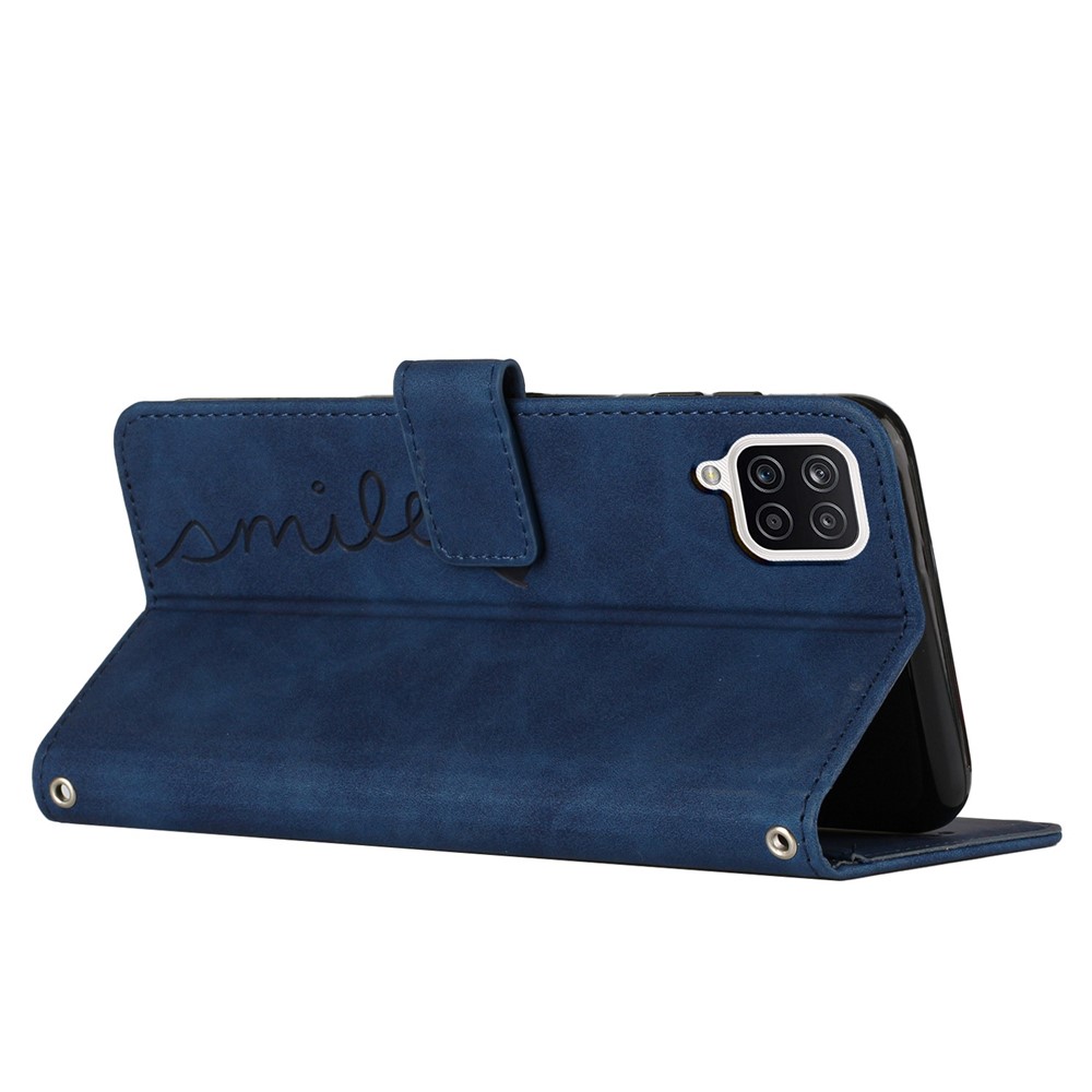 For Samsung Galaxy A22 4G (EU Version)/M22/F22/M32 (India Version)/M32 (Global Version) 4G Skin-touch Feeling Heart Shape Imprinted Phone Case PU Leather Wallet Stand Shell with Strap - Sapphire-3