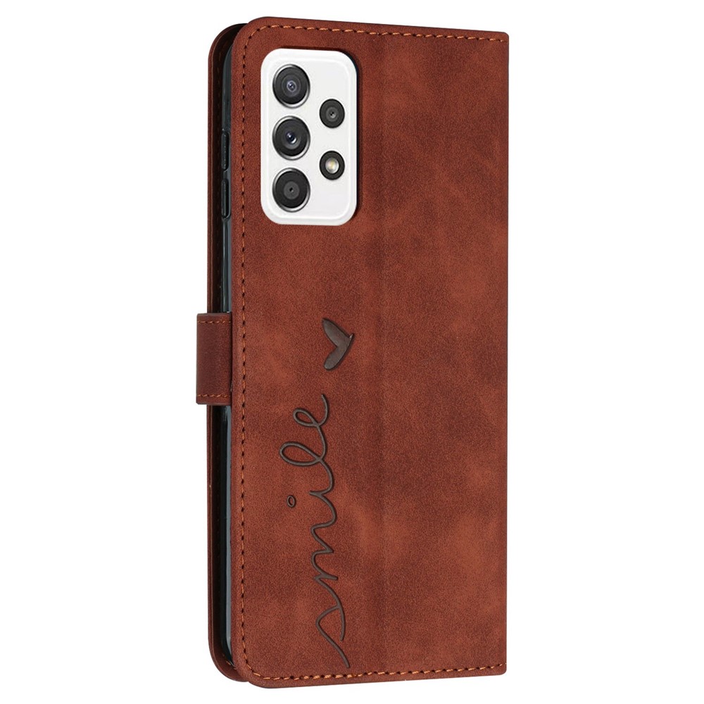 For Samsung Galaxy A32 4G (EU Version) Heart Shape Imprinted Skin-touch Phone Leather Case Wallet Stand Inner TPU Cover - Brown-11