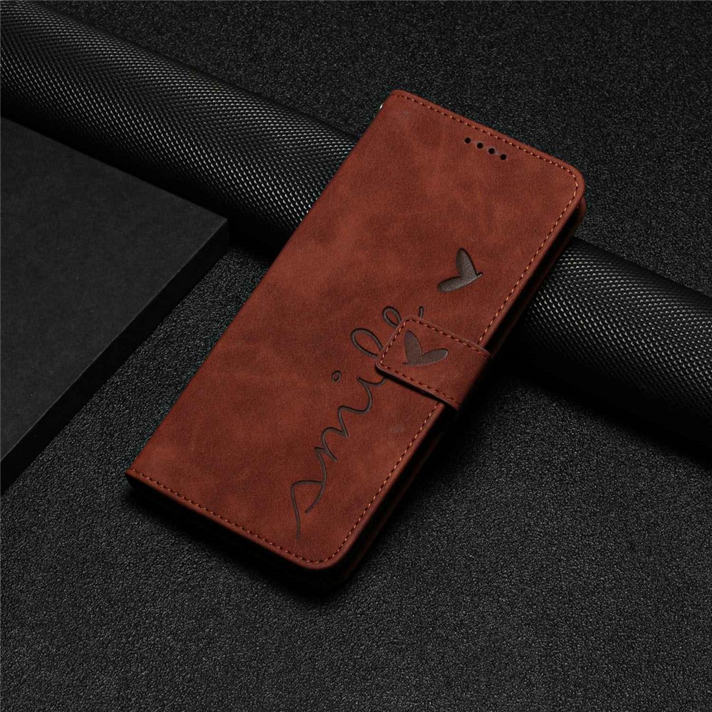 For Samsung Galaxy A32 4G (EU Version) Heart Shape Imprinted Skin-touch Phone Leather Case Wallet Stand Inner TPU Cover - Brown-9