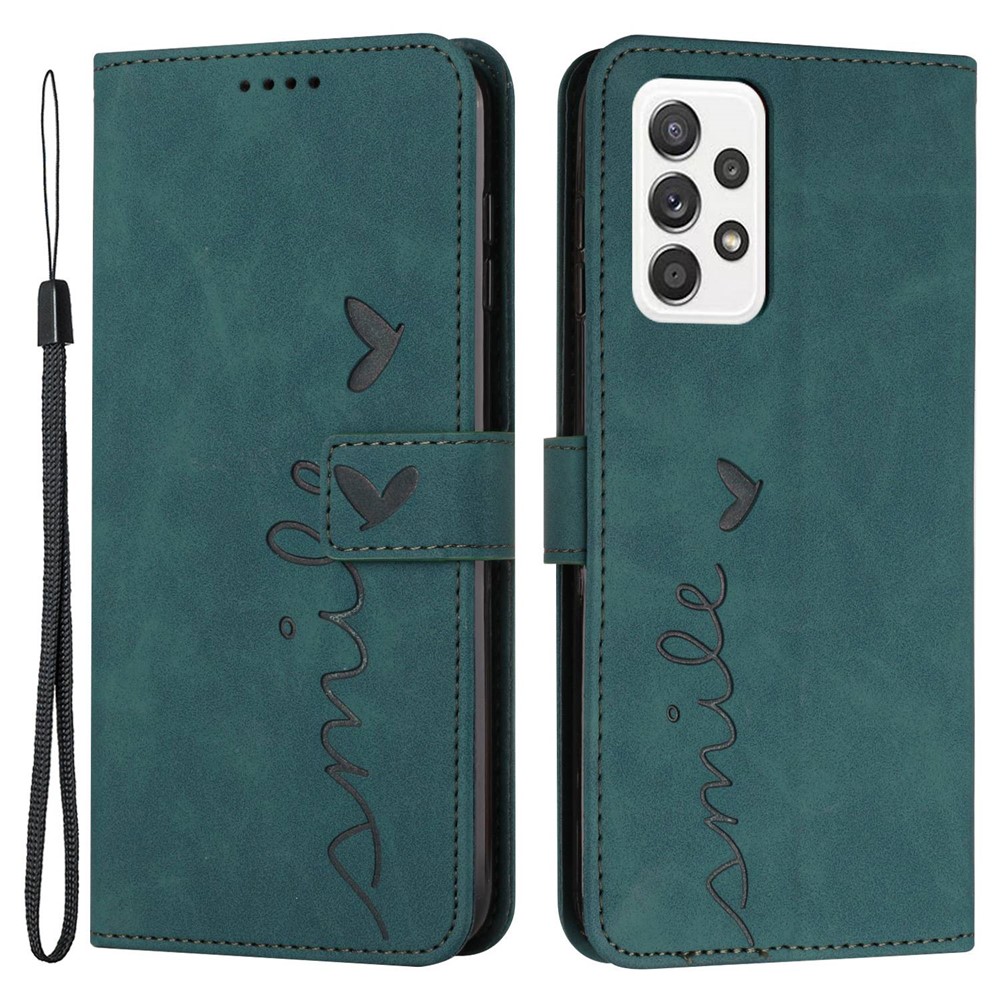 For Samsung Galaxy A23 4G (165.4 x 76.9 x 8.4mm) Heart Shape Imprinted Skin-touch PU Leather Stand Wallet Phone Case Protector - Green-1
