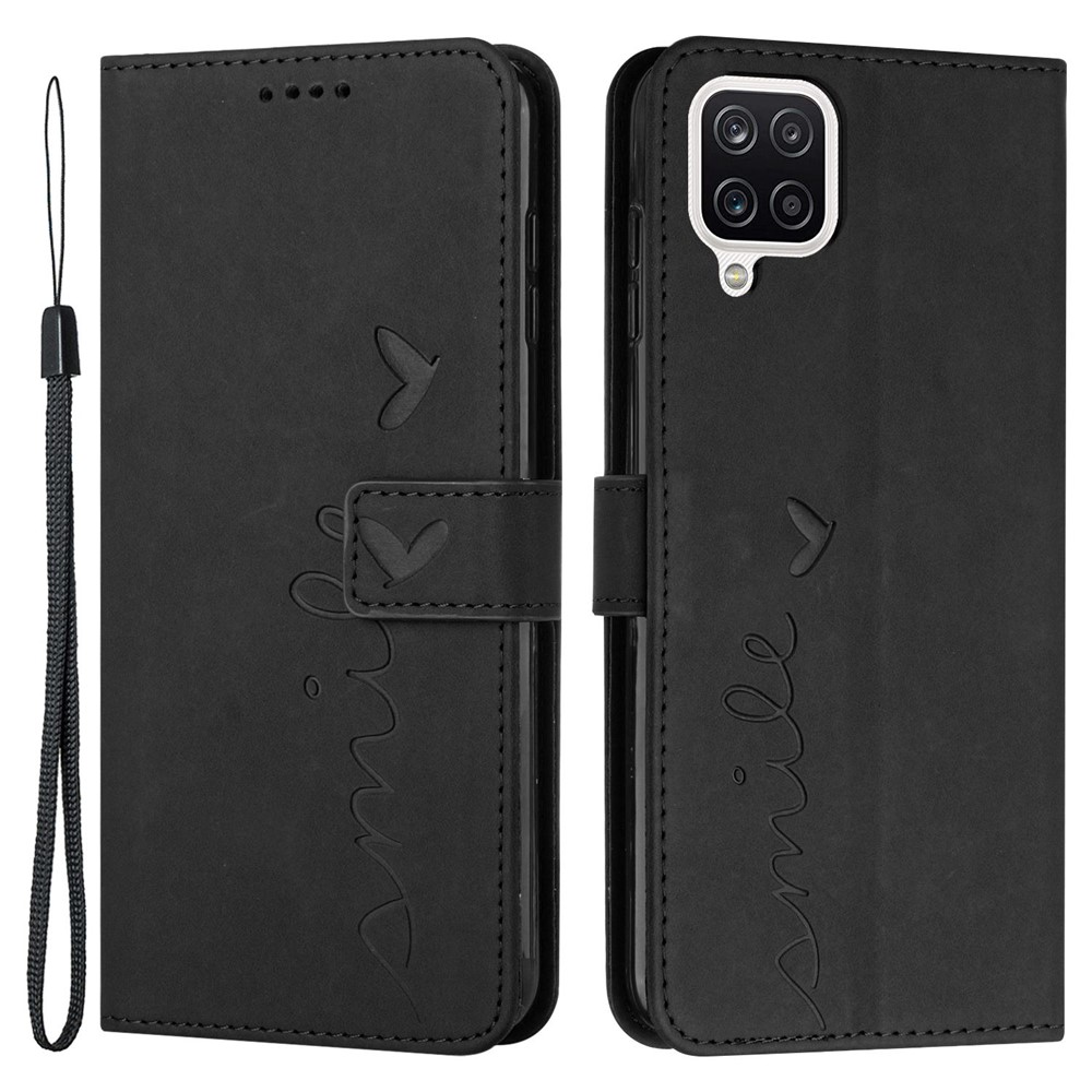 Stand Wallet Skin-touch Phone Case for Samsung Galaxy A42 5G, Heart Shape Imprinted PU Leather + TPU All-round Cover - Black