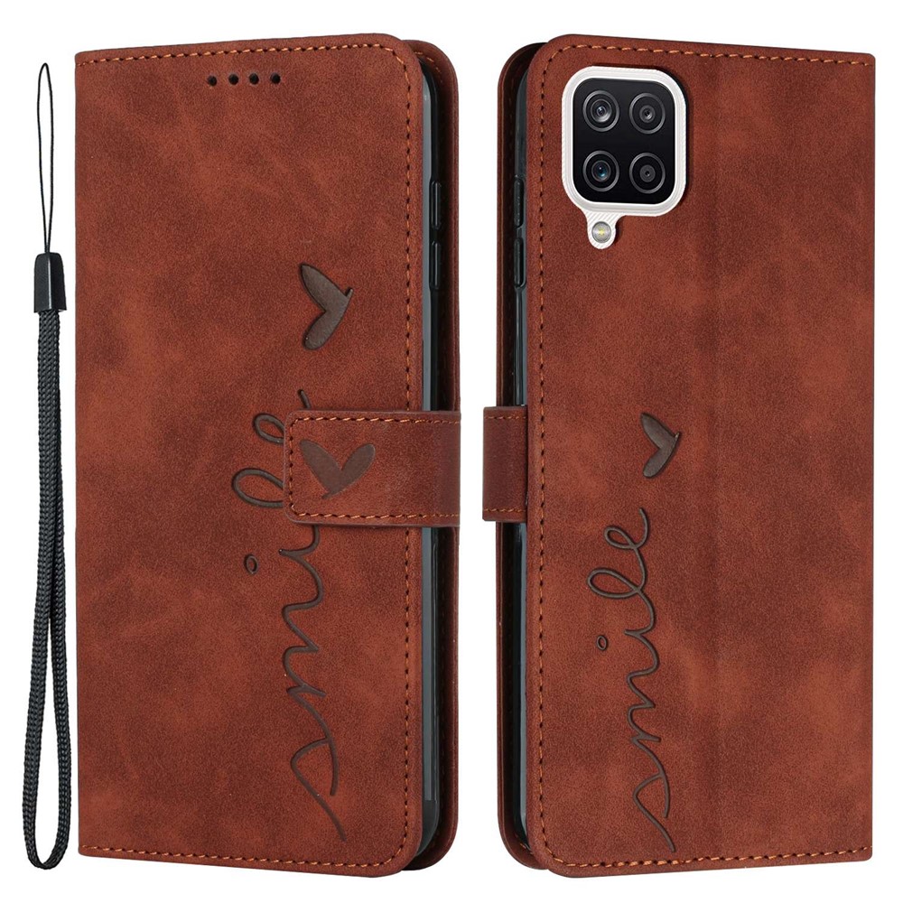Stand Wallet Skin-touch Phone Case for Samsung Galaxy A42 5G, Heart Shape Imprinted PU Leather + TPU All-round Cover - Brown