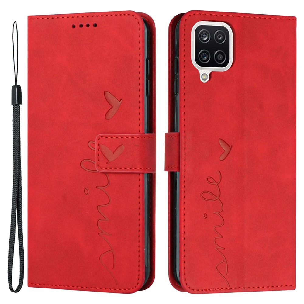 Stand Wallet Skin-touch Phone Case for Samsung Galaxy A42 5G, Heart Shape Imprinted PU Leather + TPU All-round Cover - Red