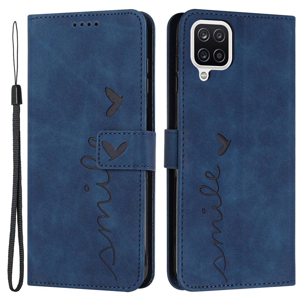 Stand Wallet Skin-touch Phone Case for Samsung Galaxy A42 5G, Heart Shape Imprinted PU Leather + TPU All-round Cover - Sapphire