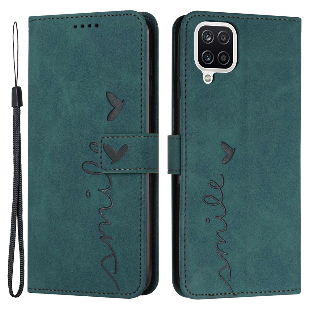 Stand Wallet Skin-touch Phone Case for Samsung Galaxy A42 5G, Heart Shape Imprinted PU Leather + TPU All-round Cover - Green