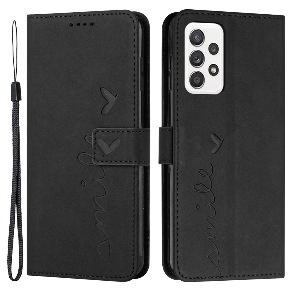 Shockproof Leather Phone Case for Samsung Galaxy A72 4G/5G, Skin-touch Stand Wallet Cover with Imprinting Heart Shape - Black