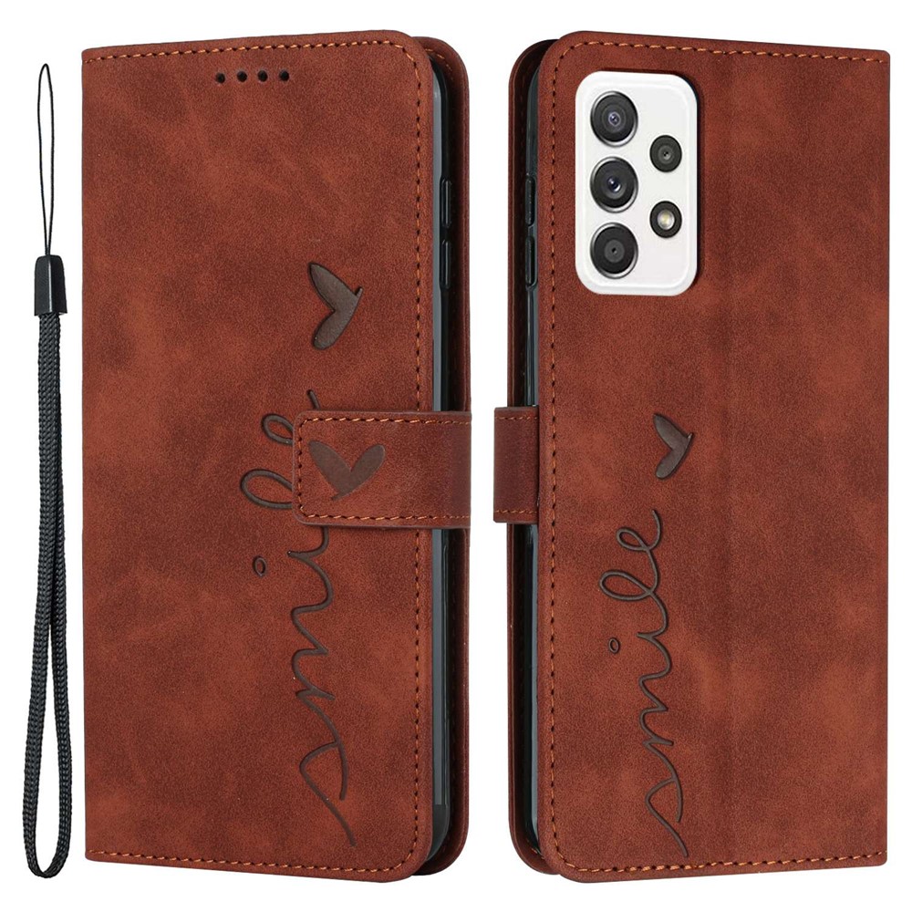Shockproof Leather Phone Case for Samsung Galaxy A72 4G/5G, Skin-touch Stand Wallet Cover with Imprinting Heart Shape - Brown