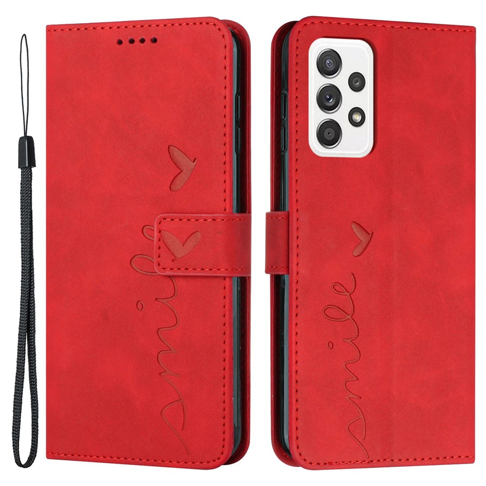 Shockproof Leather Phone Case for Samsung Galaxy A72 4G/5G, Skin-touch Stand Wallet Cover with Imprinting Heart Shape - Red